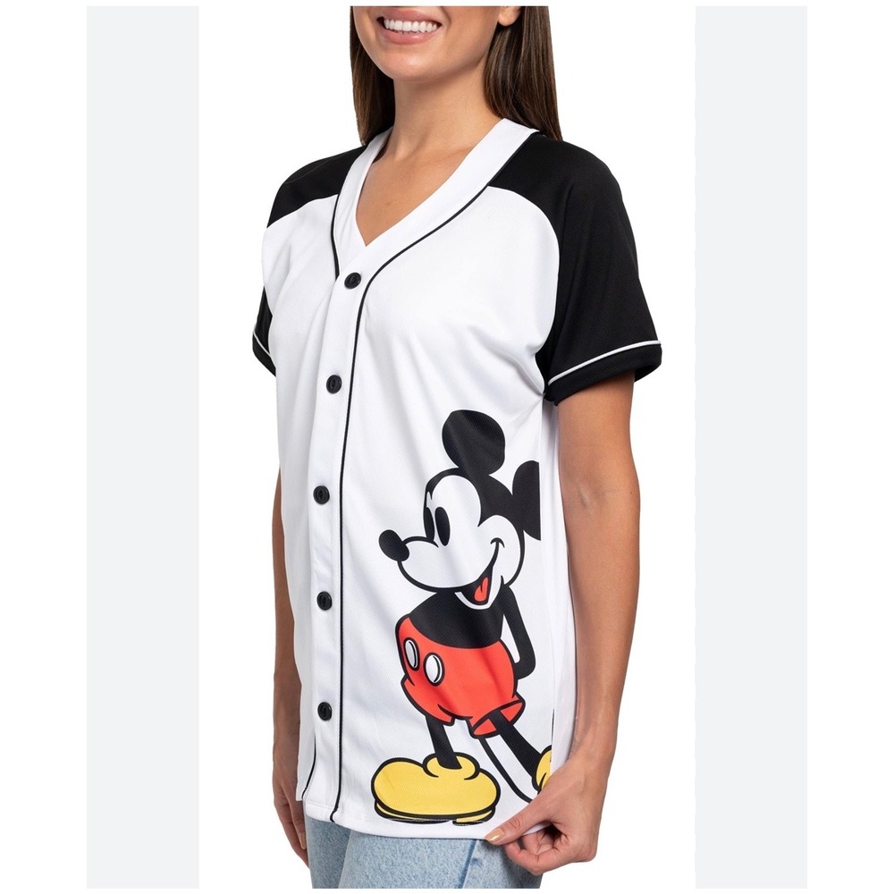 Disney Baseball Jersey Women Medium White Mickey Mouse 28 Graphic Button Up Mesh